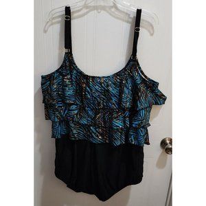 NWT T.H.E. Swimwear Womens One Piece Bathing Swim Suit Blue Ruffles Plus Sz 32W